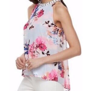 Jennifer Lopez JLo Misses Embellished Keyhole Split Back‎ Floral Tank Top L